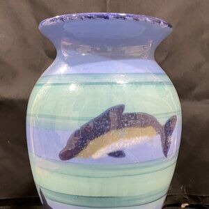Bermuda Clayworks Dolphins Blue Ombre Vase 10" Hand Painted Beach Core